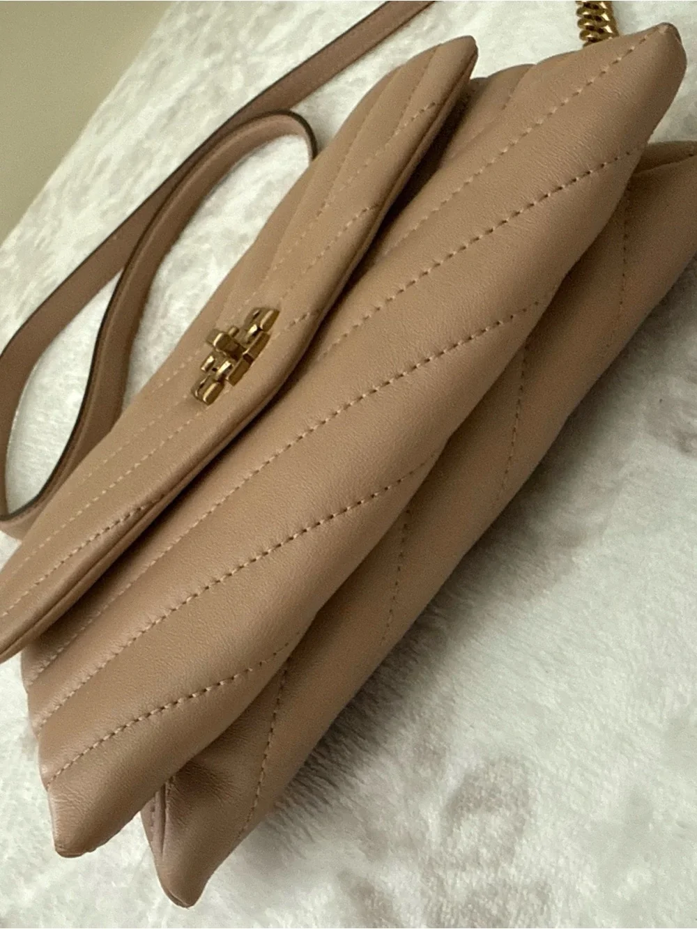 Tory Burch Kira Chevron Leather Small Crossbody Bag Nude with Gold Hardware Logo